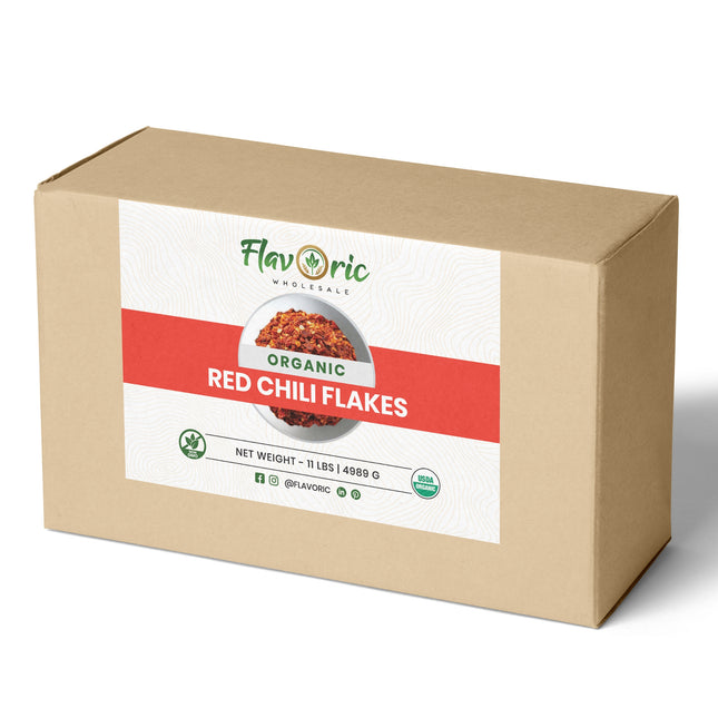 Flavoric Organic Red Chili Flakes 11 lb bulk wholesale box of crushed red chili with USDA Organic seal